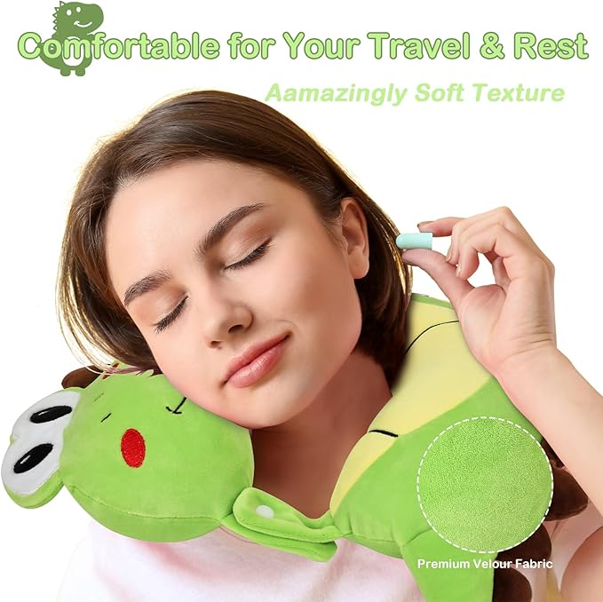Kids Travel Pillow, Cute Dinosour Memory Foam Neck Pillow with Travel Bag, Soft Adjustable Airplane Pillow for Chin Support, Headrest- Green - Bloomnest