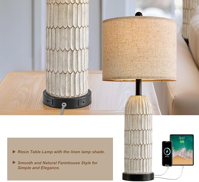 OYEARS 26.5" Table Lamps Set of 2 - Bedside Lamp with USB A+C Charging Ports,Rustic,Perfect for Nightstands and Bedrooms,Black - Bloomnest