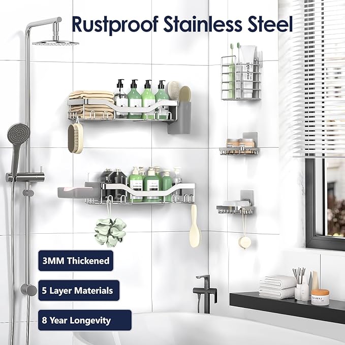 Shower Caddy Adhesive Shower Organizer 7-Pack, Rustproof Stainless Steel Bathroom Shelves, Large Capacity No-Drill Rack Storage Accessories with Soap Dish Toothbrush Holder Hooks - Bloomnest