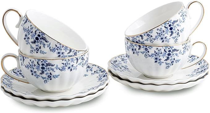 ceramic tea cups and saucers 6oz,floral tea cups for Coffee, Latte, Cafe Mocha and Tea (Little Blue Flowers) - Bloomnest