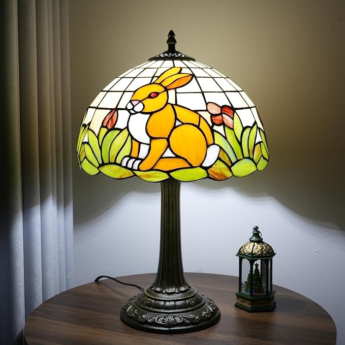 Uniquel Cute Brown Rabbit Tiffany Lamp Retro Style Stained Glass Table Lamp Vintage Aesthetic Bedside Lamps For Bedroom Nightstand Night Stand Lighting Reading Unusual Kids Decor Desk Lamp 12 Inch - Bloomnest
