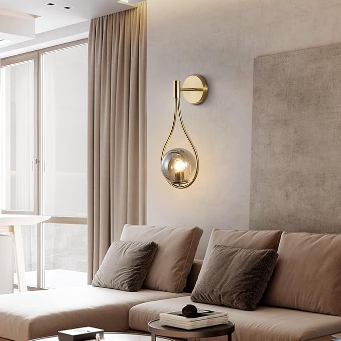 KCO Lighting Modern Vintage Gold Teardrop Wall Sconce Farmhouse Globe Wall Light Fixture Cordless Sconces Wall Lighting for Stairwell Bathroom Bedroom (Gold + Smoke Grey) - Bloomnest