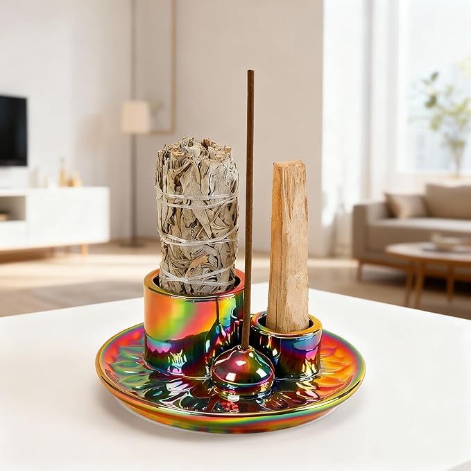 Palo Santo Sticks Holder, Multi-Purpose Handmade Ceramic Incense Burner for Palo Santo Incense Sticks, Sage Holder for Burning, Ash Catcher Tray for Meditation Yoga Room-Colorful ToolSentryX