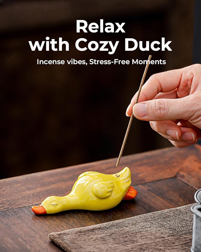 Cozy Duck Incense Stick Holder - Handmade Ceramic Cute Yellow Duck for Aromatherapy, Fun Home Decor & Meditation Gift