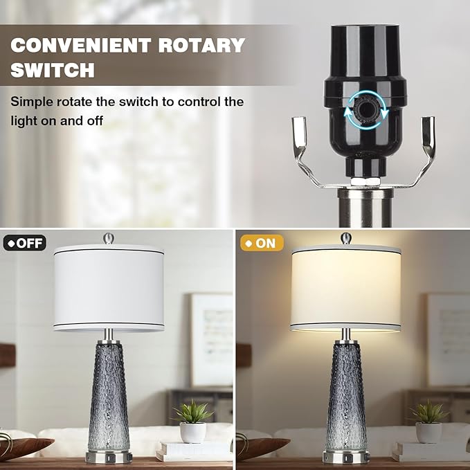 Glass Table Lamp Set of 2, 26" Modern Table Lamps with USB A+C Ports & AC Outlet, Touch Control Bedside Nightstand Lamp with LED Night Light for Living Room Bedroom Home Decor Black(4 Bulbs Included) - Bloomnest
