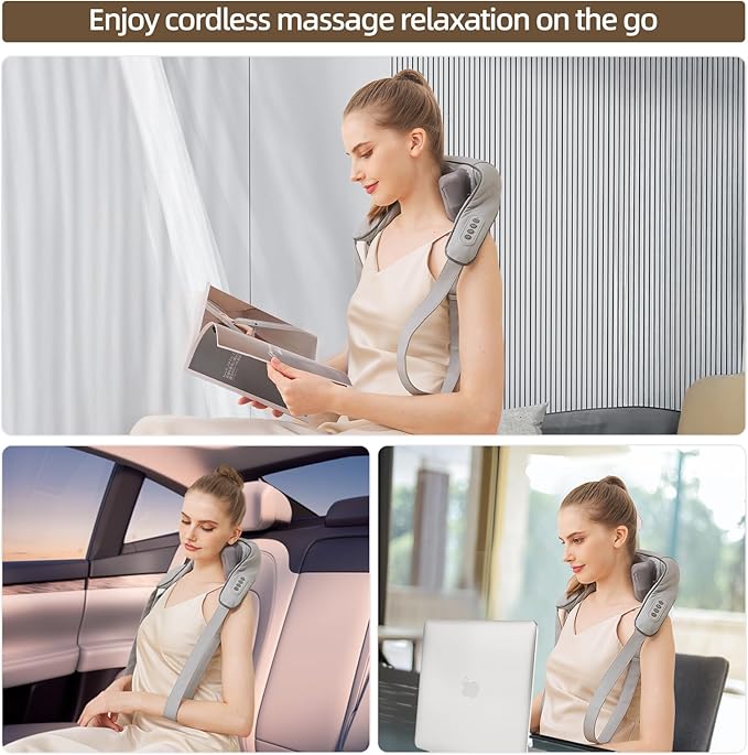Cordless Shiatsu Neck and Shoulder Massager with Heat – 6D Kneading Massage, Deep Tissue Pain Relief for Trapezius, Rechargeable, Brushless Motor - Bloomnest