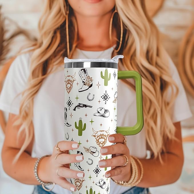 Ceovfoi 40 Oz Western Tumbler With Handle, Cow Skull Coffee Travel Mug Cup Water Bottle, Western Decor, Gifts for Women - Bloomnest