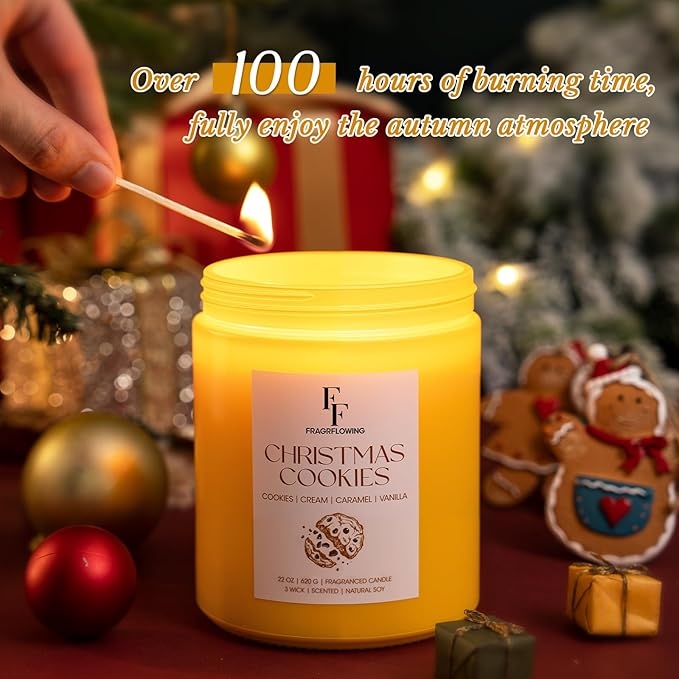 Large Christmas Candle Christmas Cookies Scented, 3-Wick 22oz Long Lasting Scented Candle, Natural Soy Wax Aromatherapy Candle for Home, Holiday Candle Gifts for Women Men - Bloomnest
