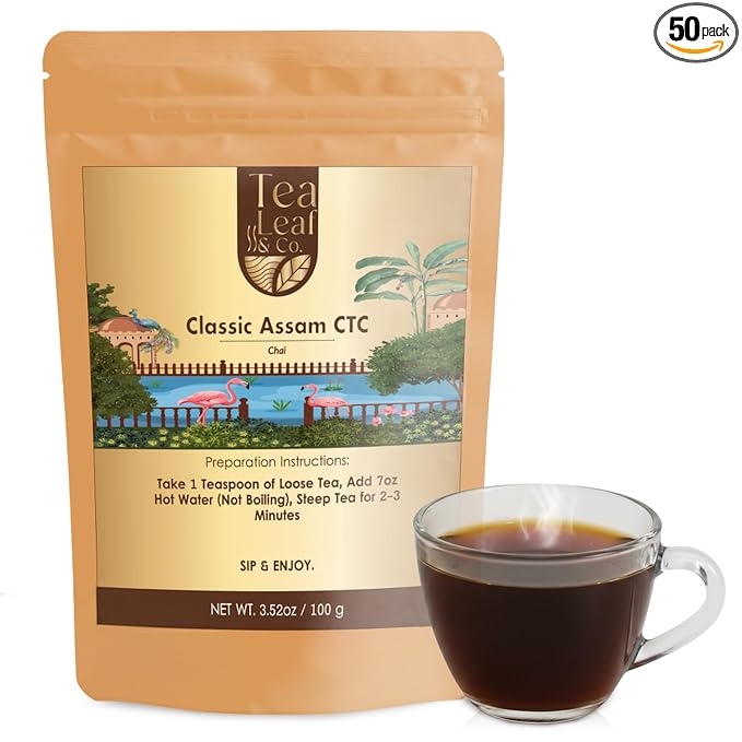 Tealeaf & Co. Classic Assam CTC Chai - 100% Pure Loose Leaf Black Tea - Low Caffeine Premium Tea - Upto 50 Servings (3.52oz/100gm) - Bloomnest