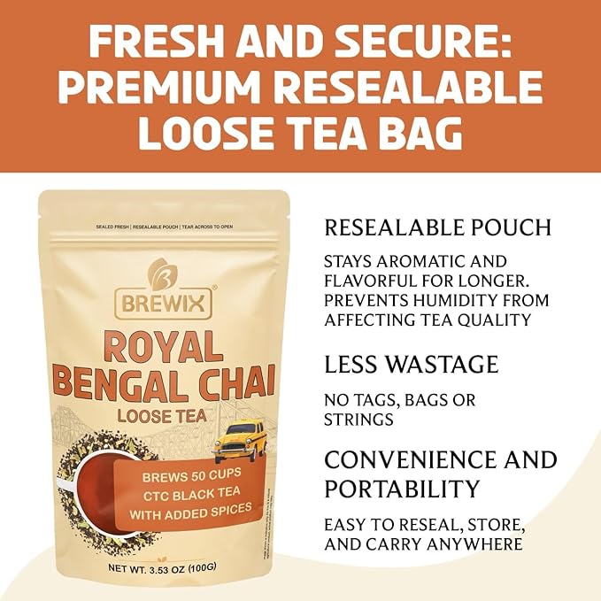 BREWIX, Royal Bengal Masala Chai Tea with Ginger and Cardamom | Loose Leaf CTC TEA (50+ Cups, 3.53oz/100g) Strong Robust & Aromatic, All Natural | Blended with Exotic Spices - Bloomnest