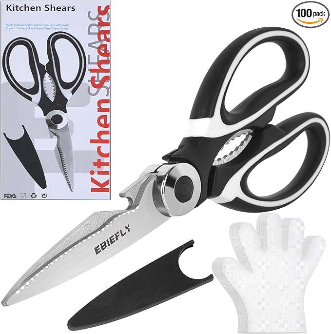 Kitchen Scissors Utility Chopping Scissor Professional Shears for Meat Cutting Sharp Kitchenaid Shears Multipurpose Scissor for Food Outdoor BBQ No Rust + 100 Pcs Plastic Gloves Disposable - Bloomnest