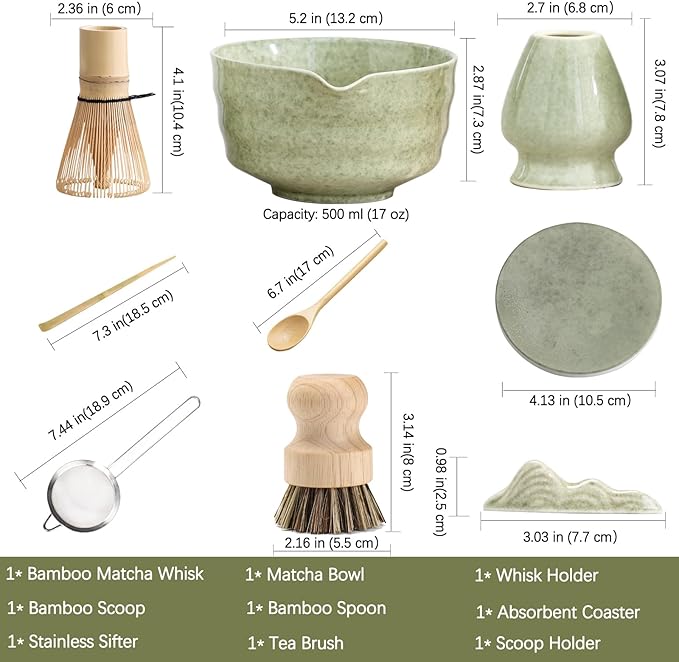 Japanese Matcha Set, Matcha Bowl with Spout and Coaster, Matcha Whisk and Holder, Sifter, Scoop, Spoon, Cleaning Brush,10 Pcs Complete Ceramic Matcha Kit - Bloomnest