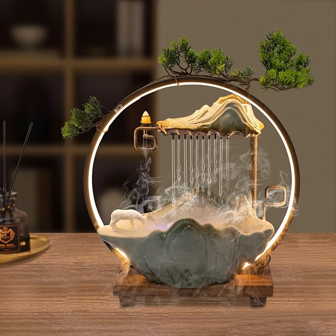 Tabletop Water Fountain, Indoor Waterfall with Round LED Light & Mist Maker and Incense Holder for Home Office Decor for Good Luck Wealth - Bloomnest