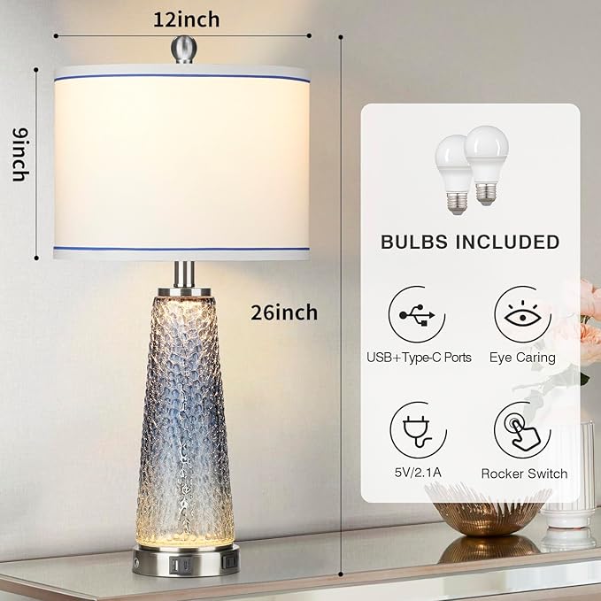 Coastal Glass Table Lamps for Living Room, 26" Table Lamps with USB A+C Ports & AC Outlet, Touch Control Bedside Nightstand Lamp with Crystal Night Light for End Table Office Desk Blue(Bulbs Included) - Bloomnest