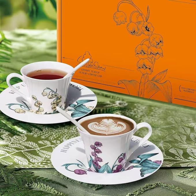Tea Cup Set With 2 Tea Cups 2 Saucers And 2 Spoon 7 OZ Espresso Coffee Mug Vintage Creativetea Teacup And Saucer Set For Coffee,Tea,Latte, Cappuccino - Bloomnest