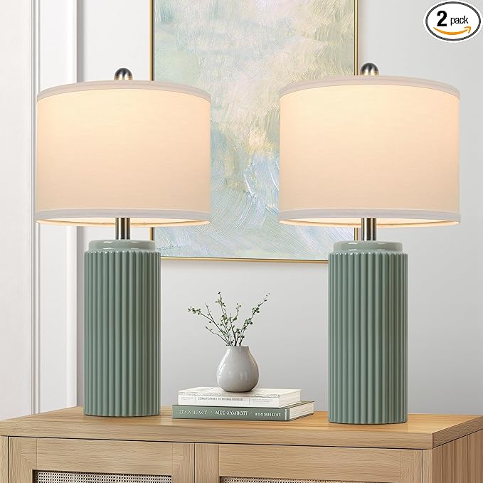 TOBUSA 23.5’’ Modern Green Ceramic Table Lamps Set of 2 for Living Room, Farmhouse Ceramic Bedside Nightstand Lamps for Bedroom, Vintage Decorative Boho Lamps for Home End Table Dorm Office - Bloomnest