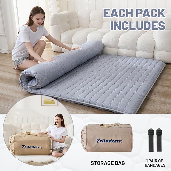 Japanese Floor Mattress Full, Anti-Slip Japanese Futon Foldable Tatami Mat for Guests, Grey - Bloomnest