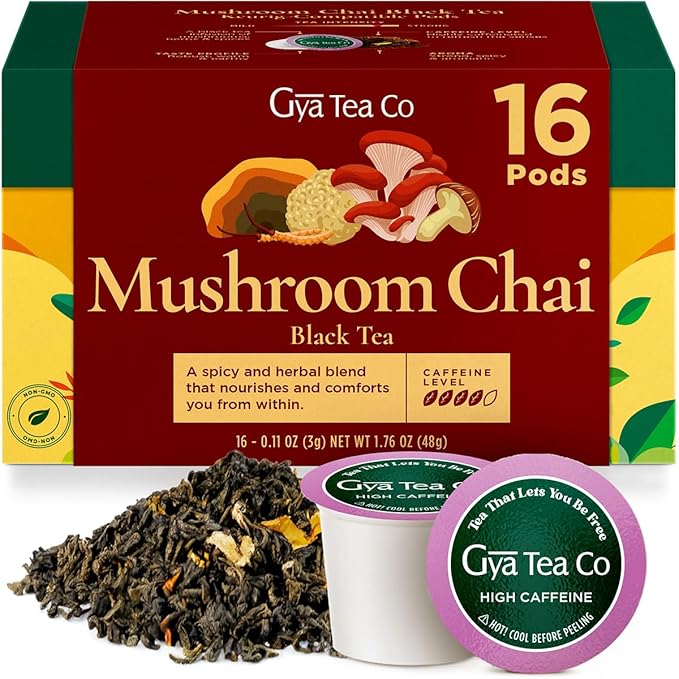 Gya Tea Co Caffeinated Mushroom Chai Black Tea Pod (16 Count) - Smooth, Flavourful, Robust, Enjoy Hot or Iced - Bloomnest