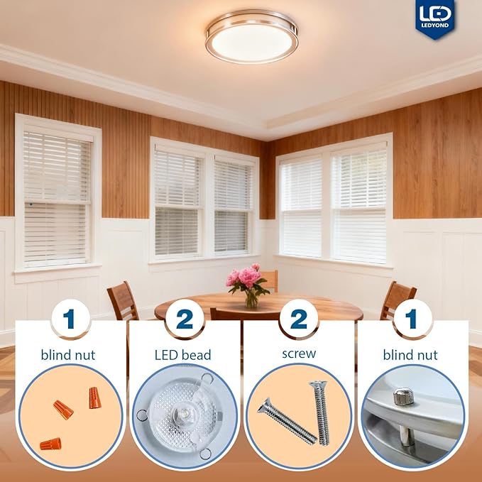 LEDYOND 15in 5CCT Dimmable LED Ceiling Light Fixture, 2000 Lumens Flush Mount LED Bedroom Ceiling Light, Frequency Adjustable Low Profile Ceiling Lamps for Kitchen, Satin Nickel - Bloomnest