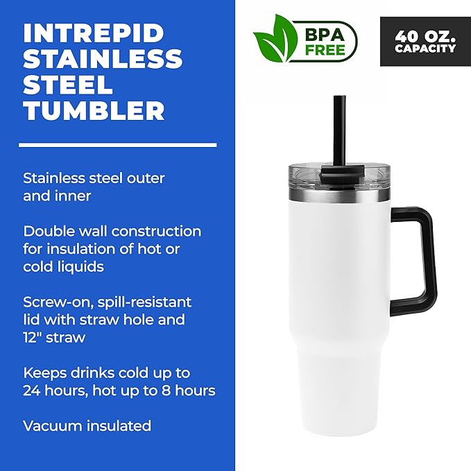 5 Ct of 40 Oz Intrepid Stainless Steel Tumbler with Lid, Straw & Handle – White – Customizable Insulated Cups for Water, Coffee, Hot & Iced Drinks – Great for DIY, Events, Work - Bloomnest