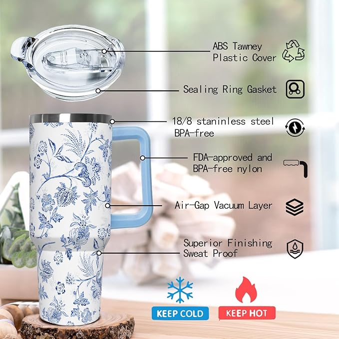 Ceovfoi 40 Oz Boho Flower Tumbler With Handle, Boho Floral Coffee Travel Mug Cup Water Bottle, Floral Gifts for Women - Bloomnest