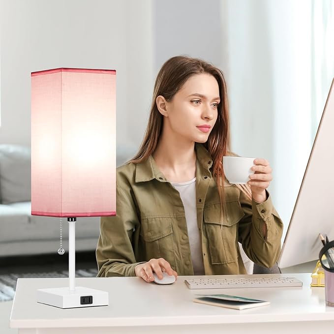18'' Table Lamp for Bedroom set of 2,3-Color Bedside Lamps with Pull Chain Table Lamps for Night stands ,Small Night Light Lamps with 2 Bulbs Lamps for Living Room Kids Room Office Decor（Pink+White） - Bloomnest