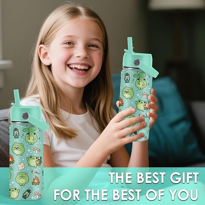Frog Gifts for Kids - 16oz Cute Green Frog Water Bottle with Straw Lid, Stainless Steel Insulated Tumbler, Leakproof, BPA-Free, for Boys & Girls, School - Animal Frogs Lovers Birthday Gift Cup (1pc) - Bloomnest