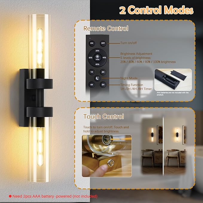 Rechargeable Wall Sconces Set of Two with Remote, Black Battery Operated Wall Sconce with Clear Glass, Sconces Wall Decor Set of 2 Wall Light Fixtures for Bedroom Bathroom Mirror Living Room - Bloomnest