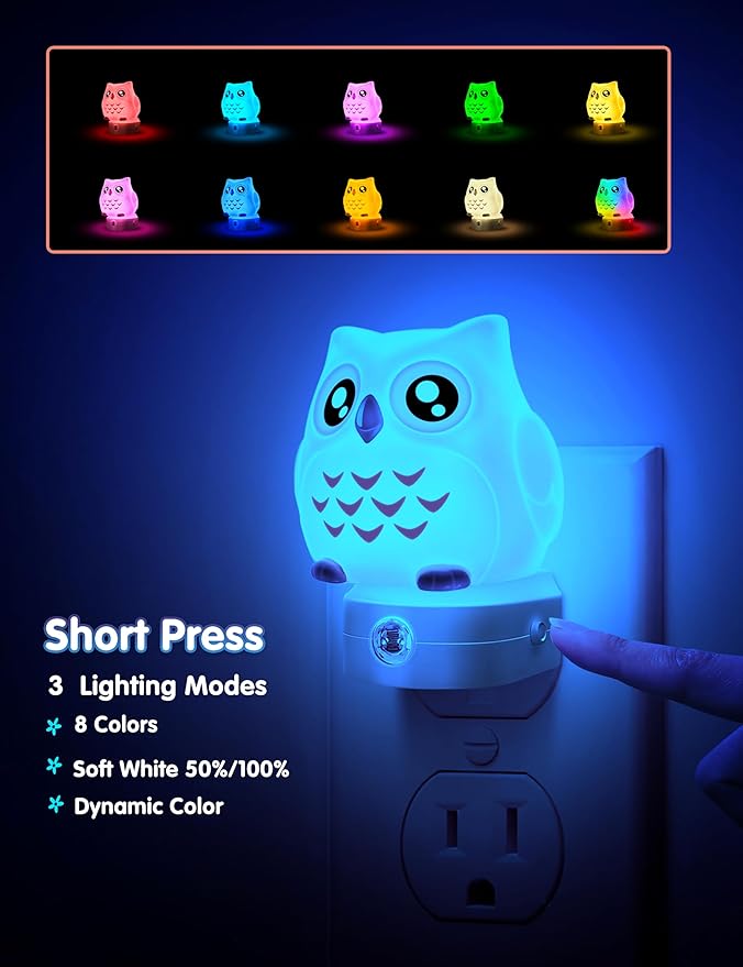L LOHAS LED Owl Night Light for Kids, 3D Owl Night Light Plug in Wall, Dusk to Dawn Sensor, 8-Color Changing+Soft White 3000K, 3 Lighting Modes, Nursery Night Lights, Children, Room Decor - Bloomnest