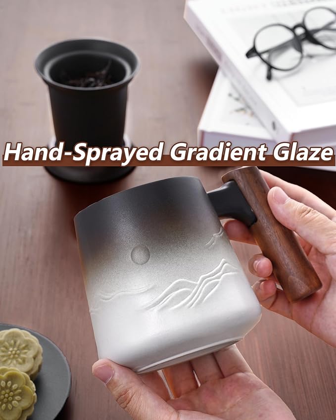 ZENS Tea Mug with Infuser and Lid for Loose Leaf Tea Steeper, 14.5 oz Embossed Ceramic Tea Cup with Fine Strainers and Wood Handle, Diffusers Accessories for Tea Lovers Gifts