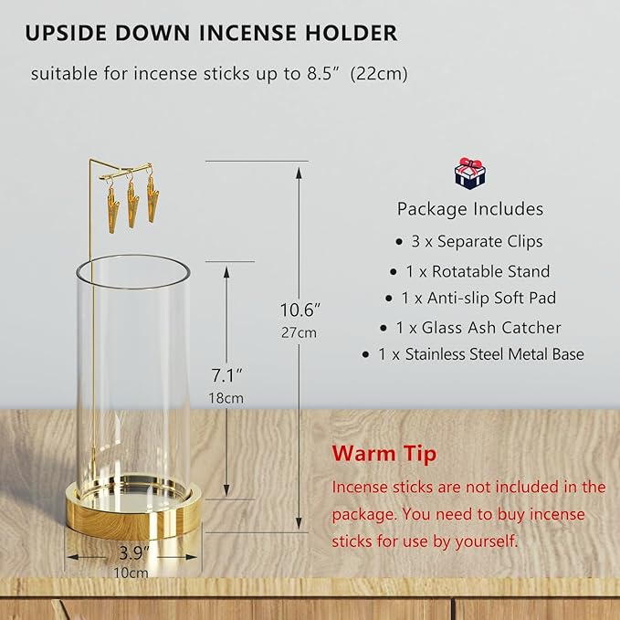 Incense Holder Ash Catcher - Upside Down Glass Incense Holder for Sticks, Reverse Inverted Anti Ash No Mess Insence-Stick Holder, Modern Metal Vertical Incense Burner for House Decor, Gold - Bloomnest