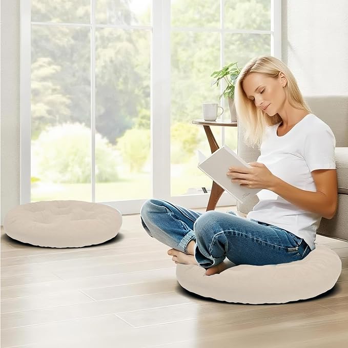 Meditation Floor Pillow Set of 2, Round Large Pillows Seating for Adults, Tufted Corduroy Cushion for Tatami Living Room, 22x22 Inch FP-Beige-R