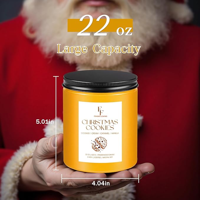 Large Christmas Candle Christmas Cookies Scented, 3-Wick 22oz Long Lasting Scented Candle, Natural Soy Wax Aromatherapy Candle for Home, Holiday Candle Gifts for Women Men - Bloomnest