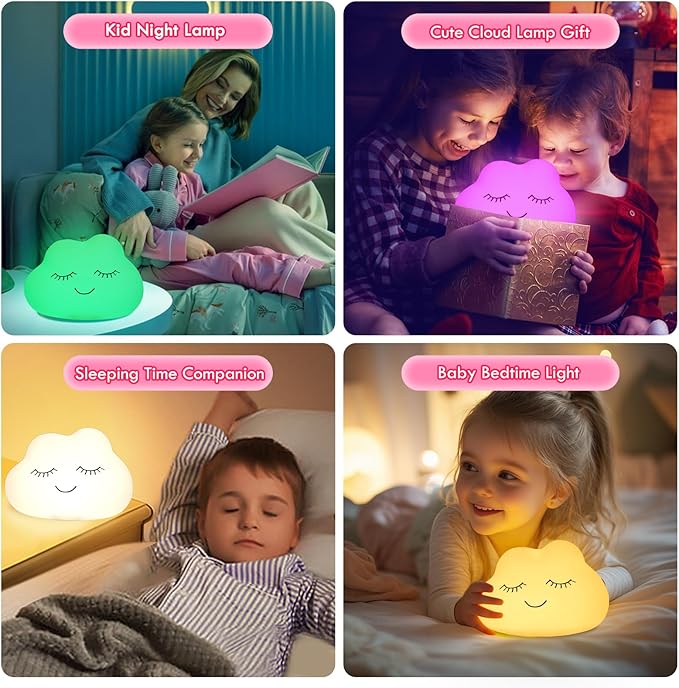 Night Light for Kids, 7 Colors Soft Silicone Kids Night Light with 3 Level Dimmable, Rechargeable Anti-glare Nursery Night Light with Warm White & Multicolor, Squishy Cute Cloud Bedside Touch Lamp - Bloomnest
