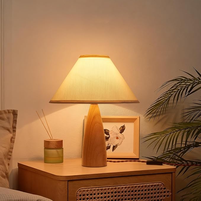 Bedside Table Lamp for Bedroom, Mid-Century Modern Plug in Fabric Shade & Solid Wood Base Desk Lamp, Plug & Play Natural Wood Nightstand Lamp for Living Room, Office, Switch Power Cord 【Bulb Included】 - Bloomnest