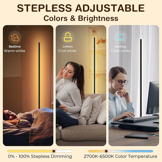 LED Corner Floor Lamp, Minimalist Dimmable Light with Remote, 2700-6500k Color Temperature Stepless Adjustable, 58 Inches Tall Standing Lamp for Living Room, Bedroom, Home Office, Black - Bloomnest