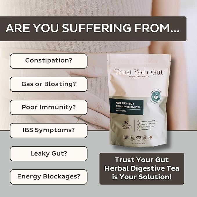 Trust Your Gut Organic Herbal Tea Blend – Lemon Balm, Holy Basil, Dandelion & Ginger Root – Supports Healthy Digestion & Gut Balance – Acai Berry, 30 Bags - Bloomnest