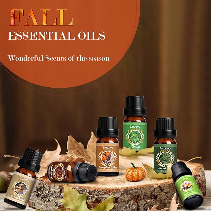SALKING Autumn Fragrance Oils, Premium Fall Essential Oils for Diffuser, Scented Oils Gift Set for Soap Candle Making Scents - Cinnamon, Pumpkin Spice, Apple Cider, Vanilla, Forest Pine, Snickerdoodle - Bloomnest