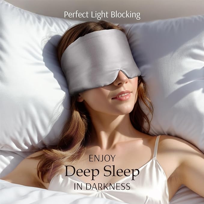 Zenssia 100% Mulberry Silk Sleep Mask Eye Mask for Man and Woman with Adjustable Headband, Full Size Large Sleep Mask & Blindfold for Total Blackout for All Night Sleep, Travel & Nap-Silvergrey - Bloomnest