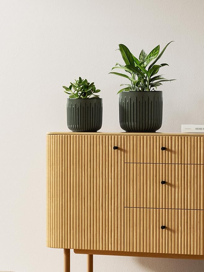 LE TAUCI Fluted Ceramic Planters Set of 3 – 8.3/7 / 5.7 in Dark Olive Reactive Cylinder Indoor Plant Pots with Drainage Plug & Mesh, Glossy Stoneware Flower Pots for Succulents Herbs - Bloomnest