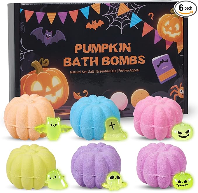 Halloween Bath Bombs for Kids Pumpkin Bath Bombs with Halloween Luminous Mini Resin Toys Inside Halloween Toys Halloween Treat Bags Gifts Kids Skin Care Bathbombs - Bloomnest