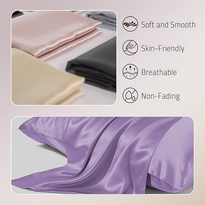 Mulberry Silk Pillow Cases Set of 2, Both Sides Real Silk Pillowcase for Hair and Skin Prevent Acne Pillowcase Organic Silk Pillow Cases 2 Pack with Hidden Zipper, Lavender, Standard (20"×26") - Bloomnest