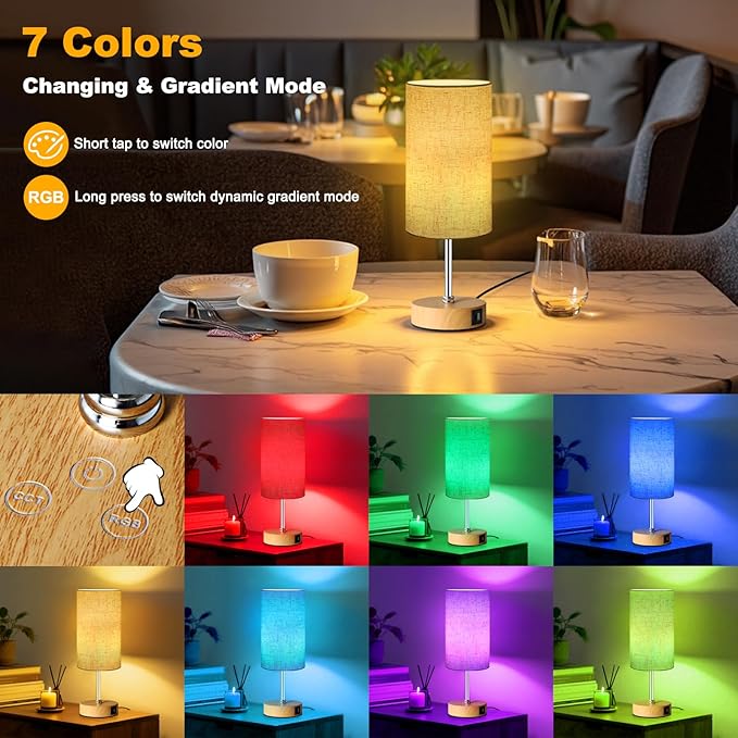 Unicozin Small Table Lamp, 3CCT & 7 RGB Color Changing, Dimmable Nightstand Lamp with Wood Grain Base, Touch Bedsides Lamp for Bedroom, Office, Kids Room, Nursery, Party, Beige Shade - Bloomnest