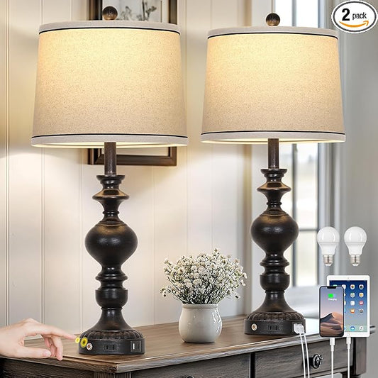 28" Black Farmhouse Table Lamps Set of 2, Rustic Lamp for Living Room with USB C+A Ports & AC Outlet, 3 Way Touch Control Resin Bedside Lamps, Retro Bedroom Lamp for Nightstand Side End Table Desk - Bloomnest