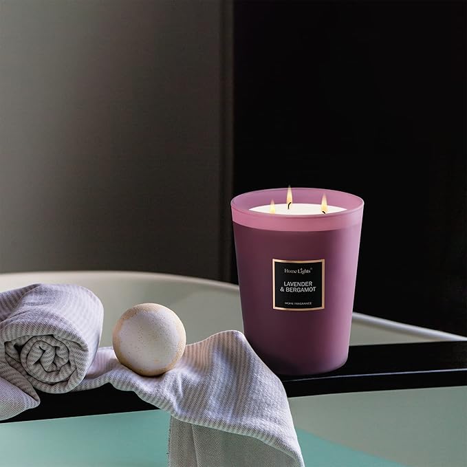 HomeLights Highly Scented Soy Candles Big 33.3 oz for Home. 3 Cotton Wicks, Smokeless Long Lasting 130 hrs in Lavender & Bergamot. 5x6, Great Gift for Women & Men - Bloomnest