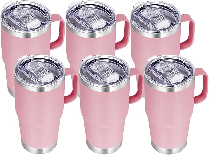 VEGOND 20 oz Tumbler Bulk with Handle Lid and Straw, Stainless Steel Insulated Travel Coffee Mug Set, Spill Proof Double Wall Metal Tumblers Cups, Pink 6 Pack - Bloomnest
