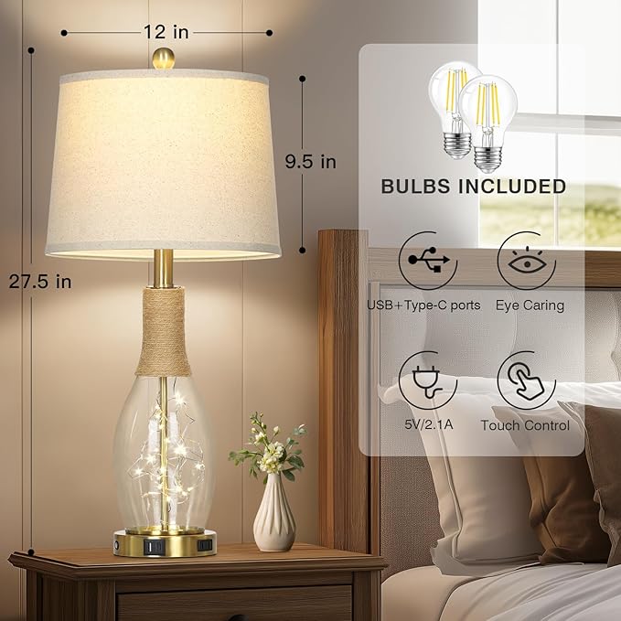 27.5" Coastal Glass Table Lamps Set of 2, Touch Control 3-Way Dimmable Modern Table Lamps with USB A+C Ports & AC Outlets, Farmhouse Rustic Boho Vintage Night Light for Living Room Bedroom Gold Ocean - Bloomnest
