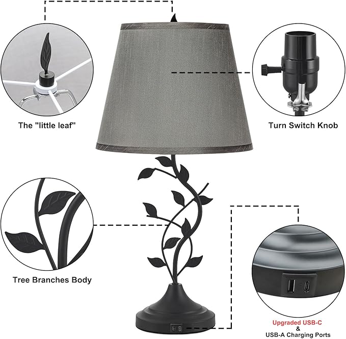 Kakanuo Table Bedside Lamp with USB C Charging Port, Grey Traditional Nightstand Lamp for Living Room, Desk Lamp Large Retro Table Lamp for Bedroom - Bloomnest