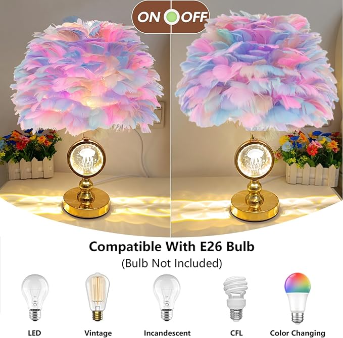 Colorful Feather Lamp Modern Crystal Table Lamp Fluffy Bedside Lamp Romantic Nightstand Light Cute Princess Desk Lamp for Teen Girl Wedding Deco Bedroom Living Room Entryway - Bloomnest