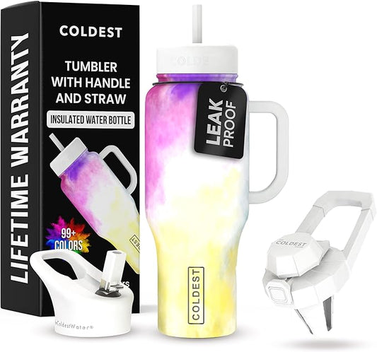 Coldest Tumbler with Handle and Straw, 100% Leak Proof Insulated Tumbler with Lid and Straw (3 Lids), Stainless Steel Tumblers for Women & Men, Cup Holder Friendly, 36 oz (Clouds of Tie Dye) - Bloomnest